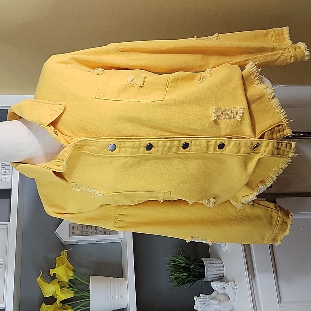Yellow Shacket Distressed Button Down Long Sleeve… - image 1